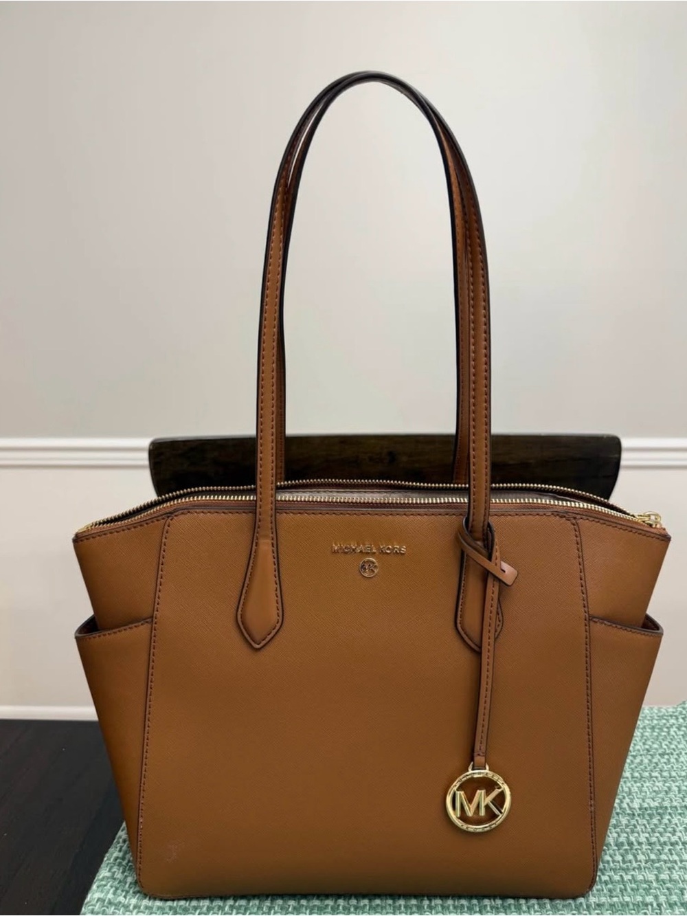 Michael Kors Cognac Saffiano Leather Tote with Gold MK Charm